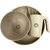 Top view of beige plate with bowl and sideways-lying cup with cutlery on top