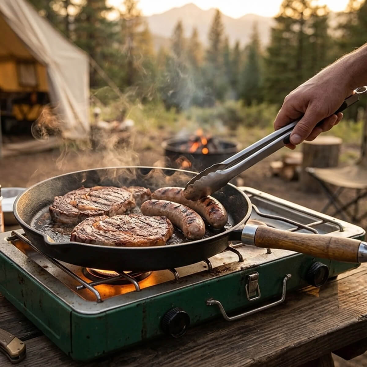 In use cooking meat on a camp stove in the outdoors