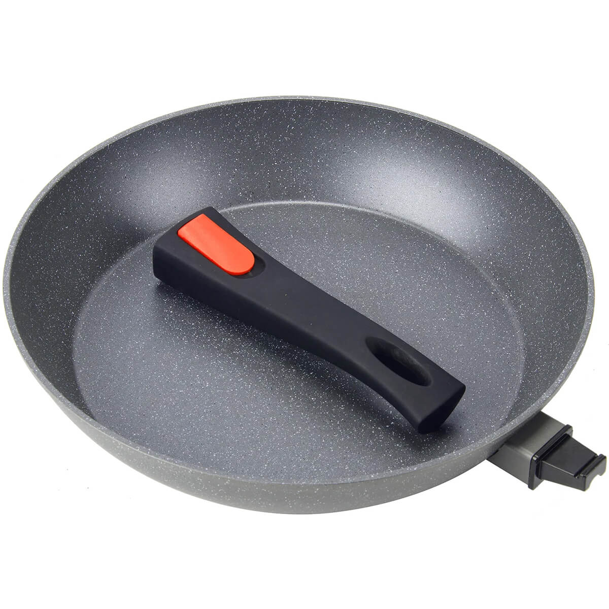 Handle detached and shown inside the fry pan
