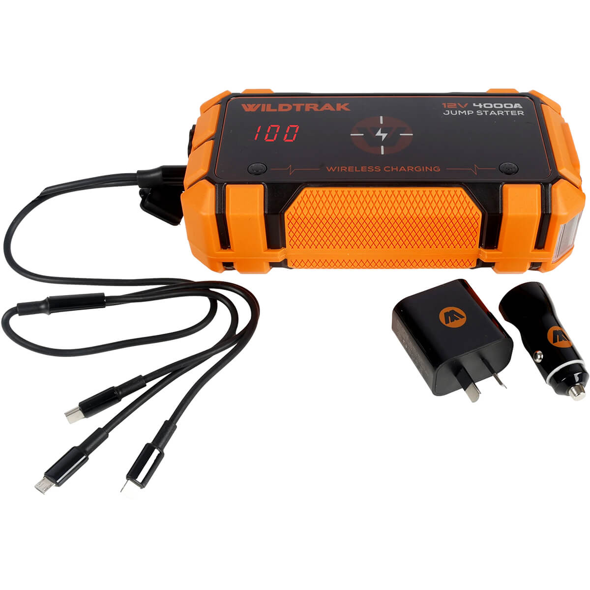 Jumpstarted with USB cable attached, AC and 12V cigarette lighter chargers lying beside it
