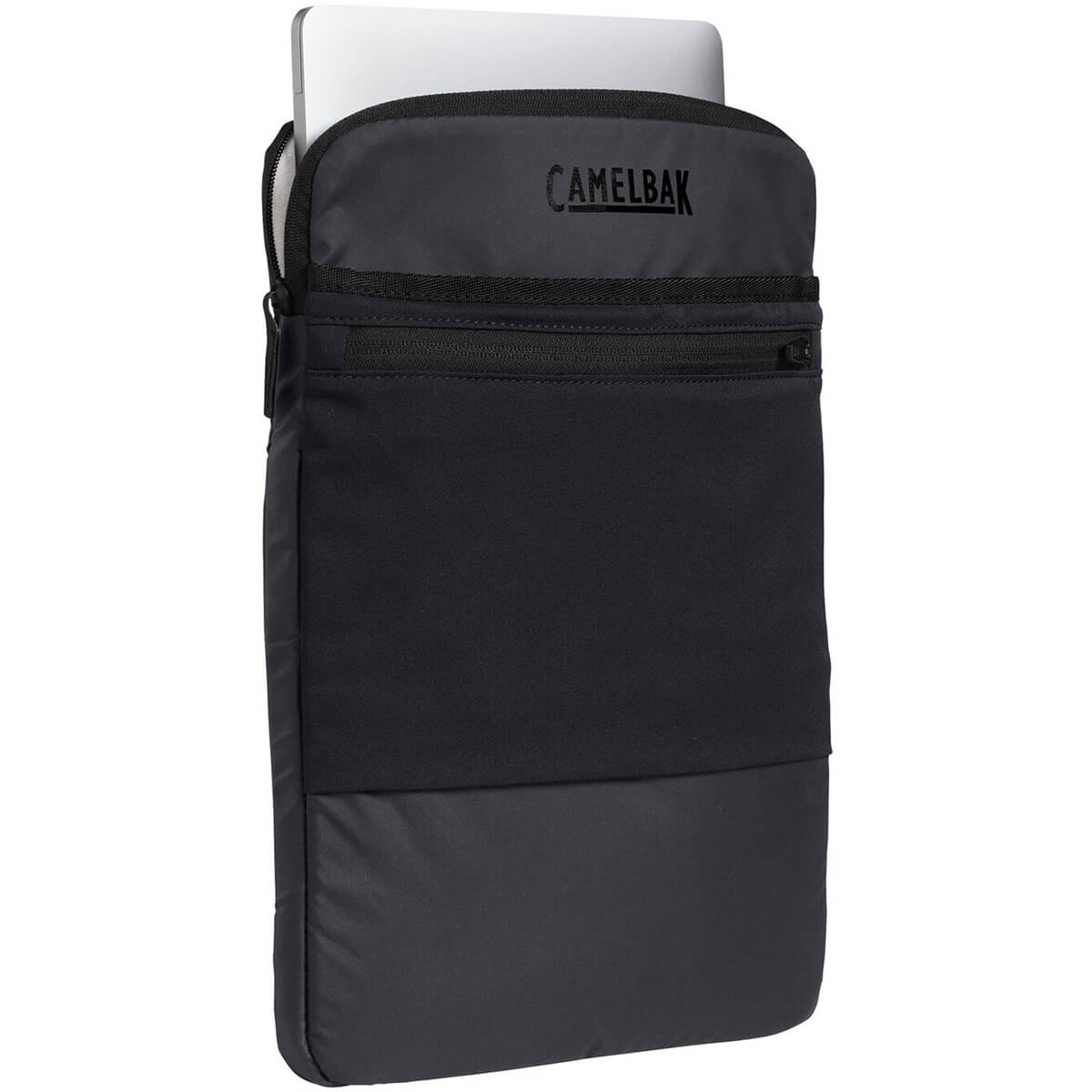 Black, 3/4 view of laptop sleeve with laptop showing