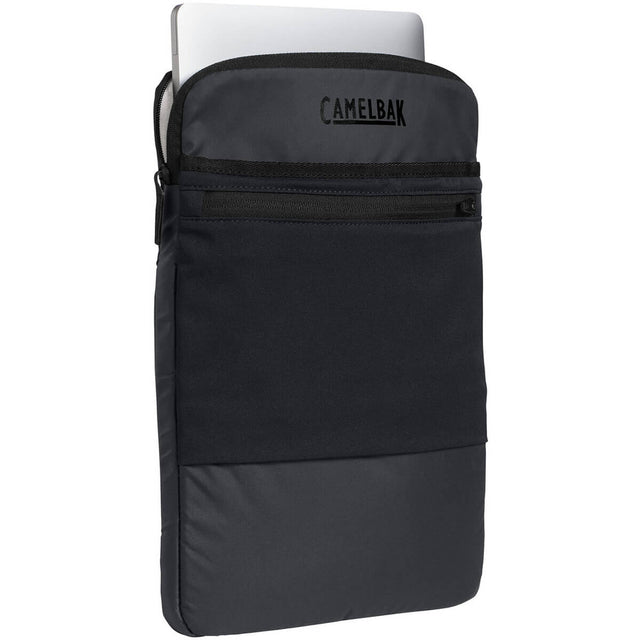 Black, 3/4 view of laptop sleeve with laptop showing