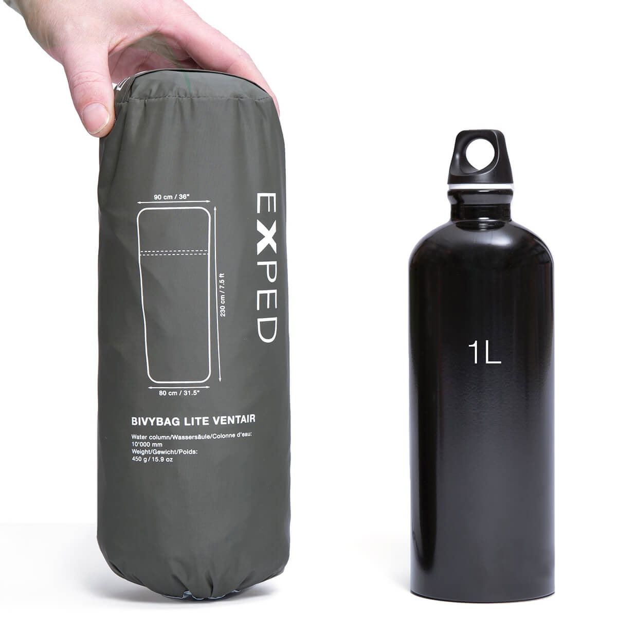 Packed and next to a 1L bottle for size comparison