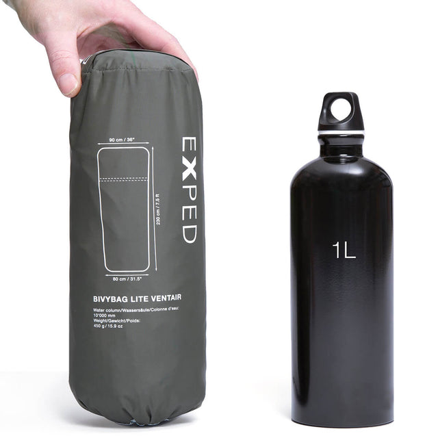 Packed and next to a 1L bottle for size comparison