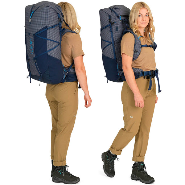 Navy on female model, 3/4 back and front views