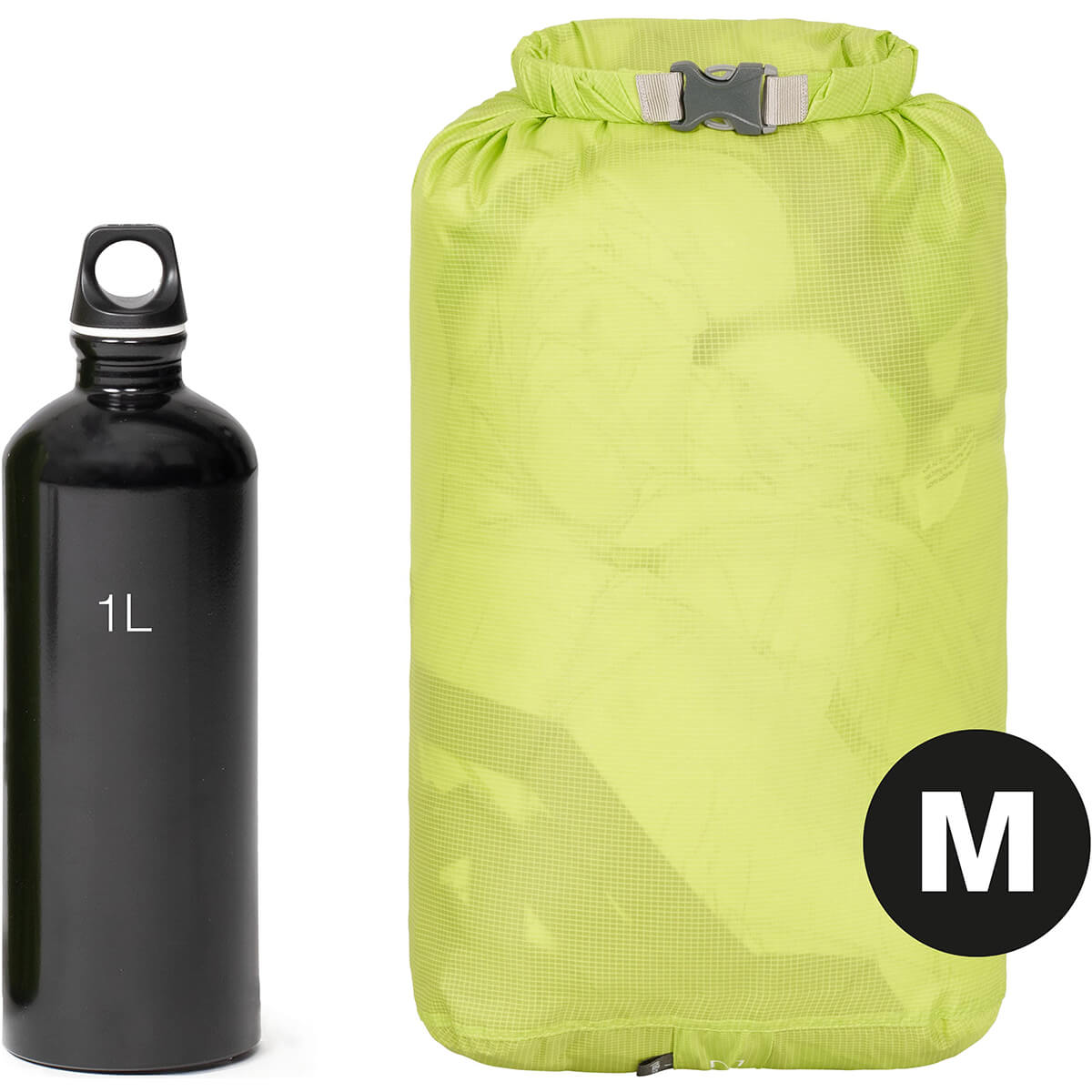 Medium, packed and beside 1L bottle for size comparison
