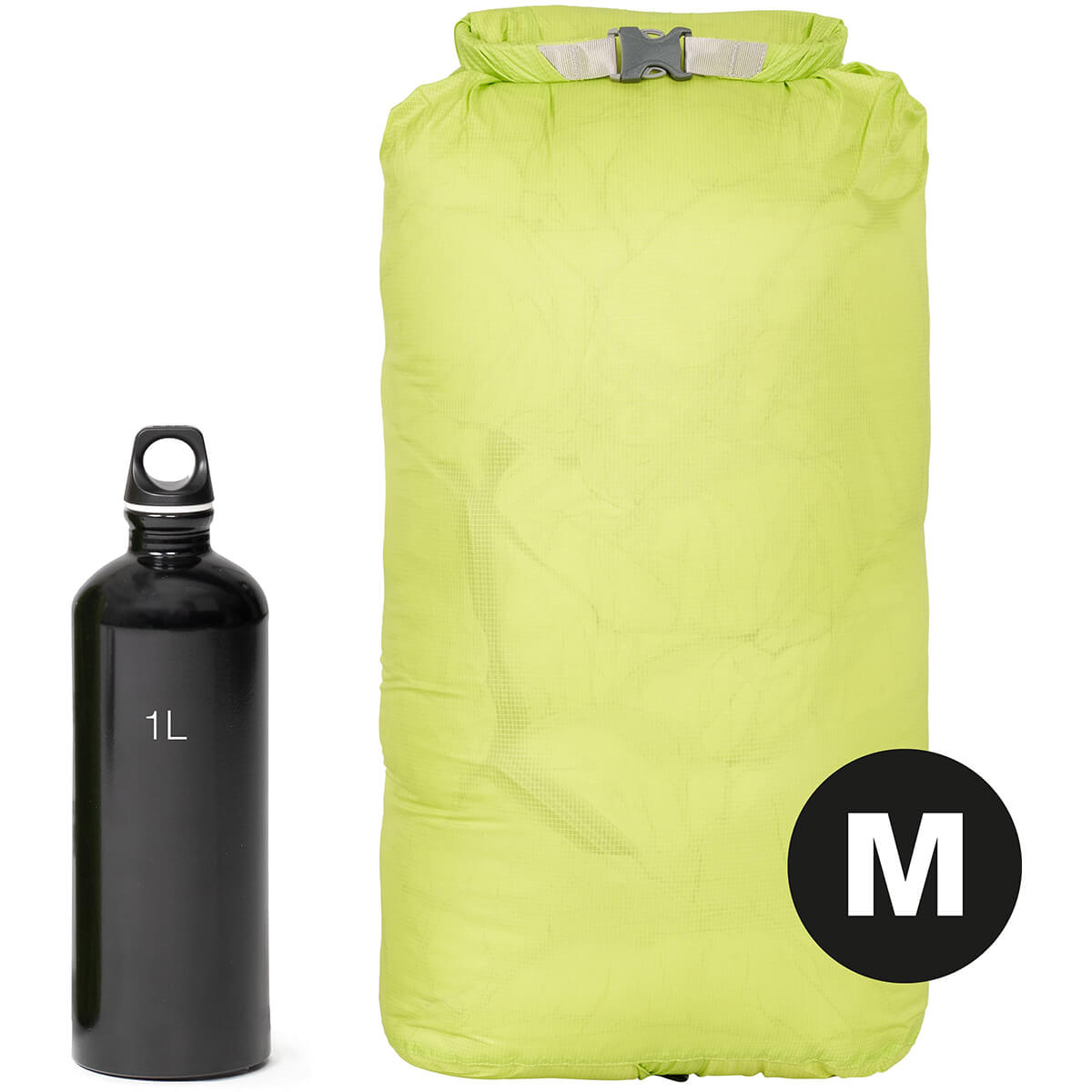Medium, packed and beside 1L bottle for size comparison