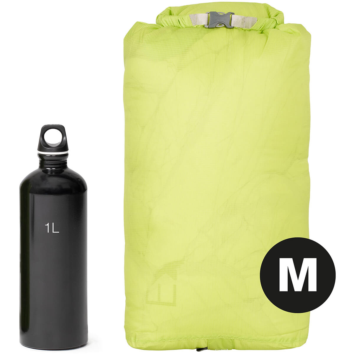 Medium, packed and beside 1L bottle for size comparison