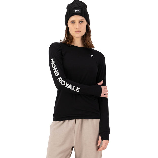 Black on model, showing Mons Royale in white on right sleeve