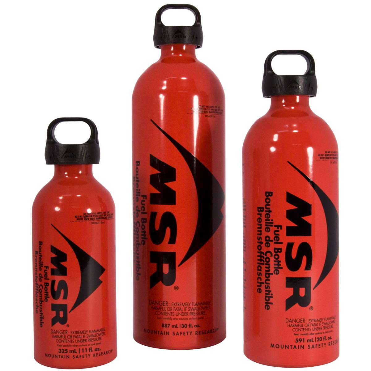The 3 sizes of Fuel Bottles upright in a group