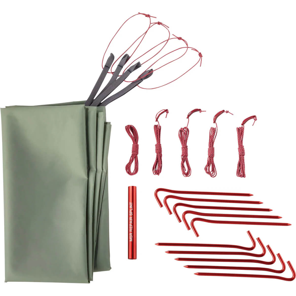 Footprint, pegs, guy lines and repair splint