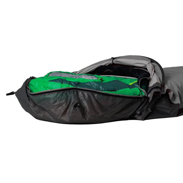 Light Pewter open, showing sleeping bag (not included)