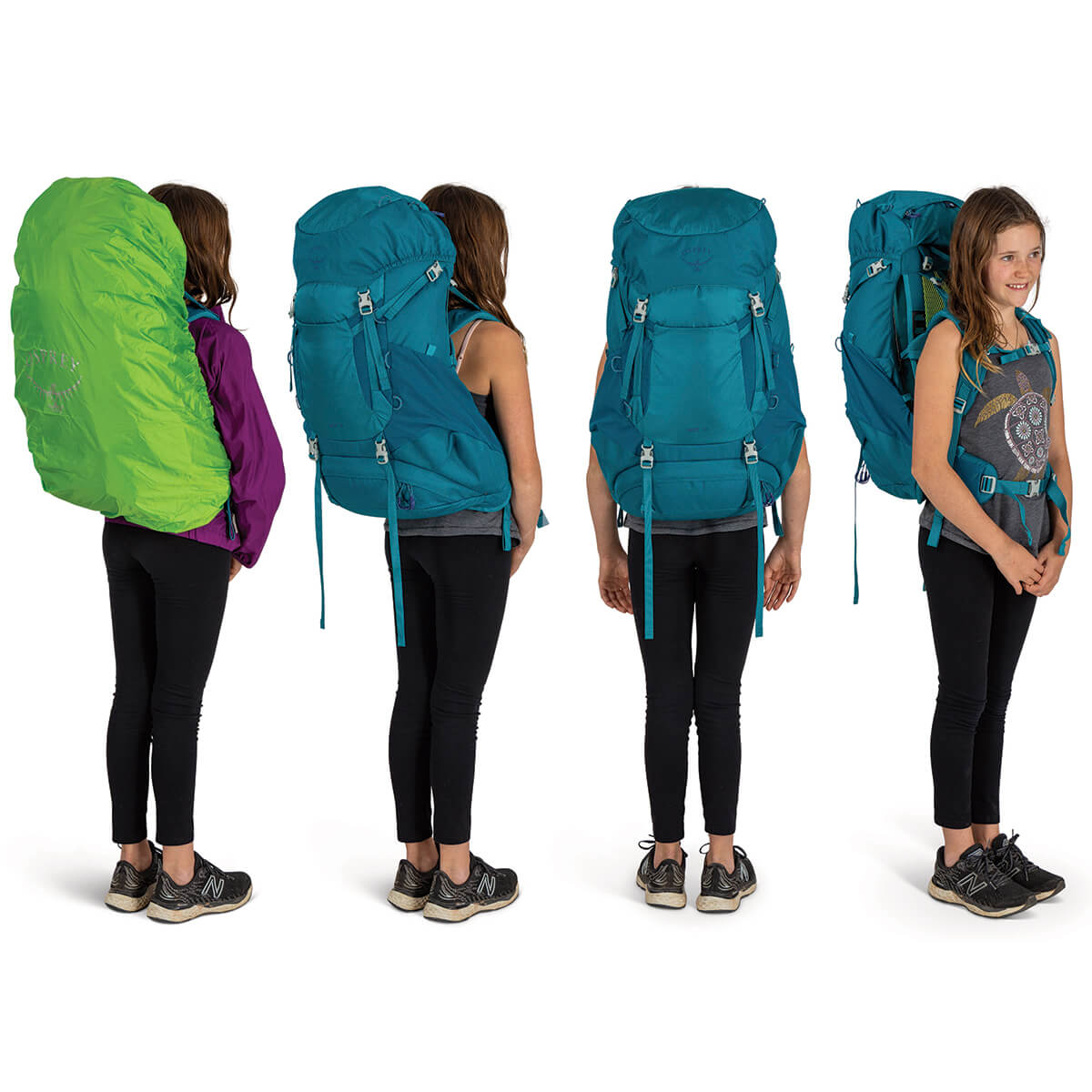 Blue Spikemoss/Deep Peyto, on girl model, various views, including one with raincover