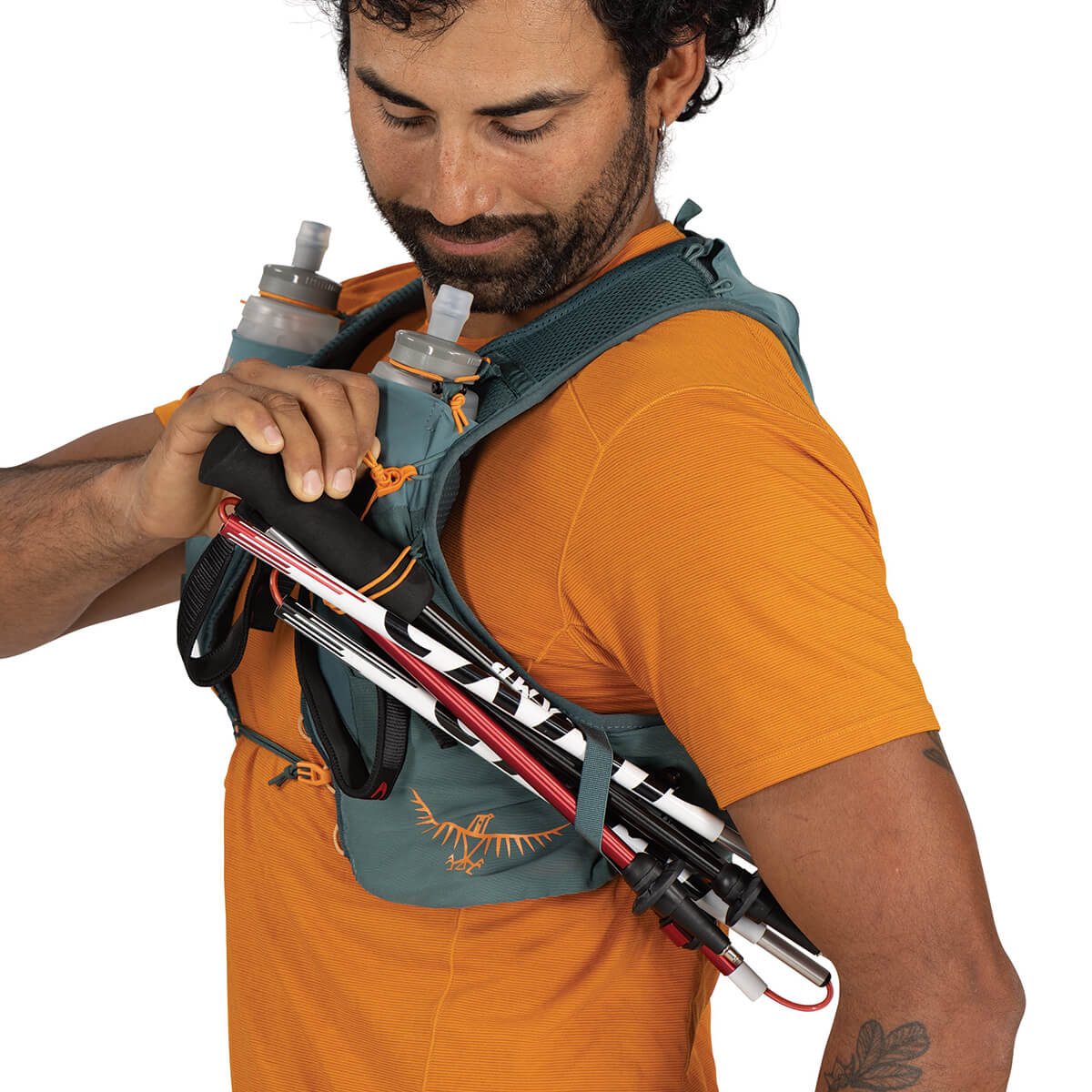 Cascade Blue poles attached to harness