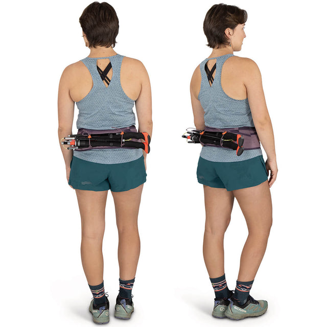 Purple Dusk on female model back and 3/4 back views with pole carry