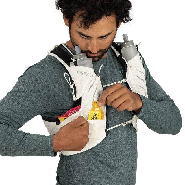 Mystery White right drop-in harness pockets in use