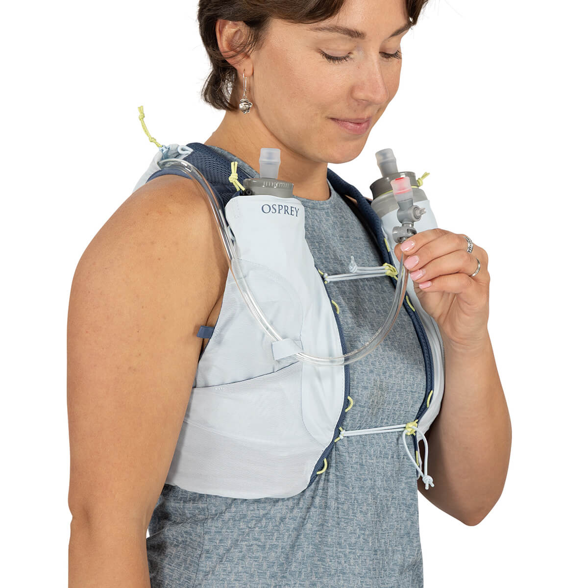 Dawn Blue Front elastic on harness in use to route drinking tube on optional reservoir