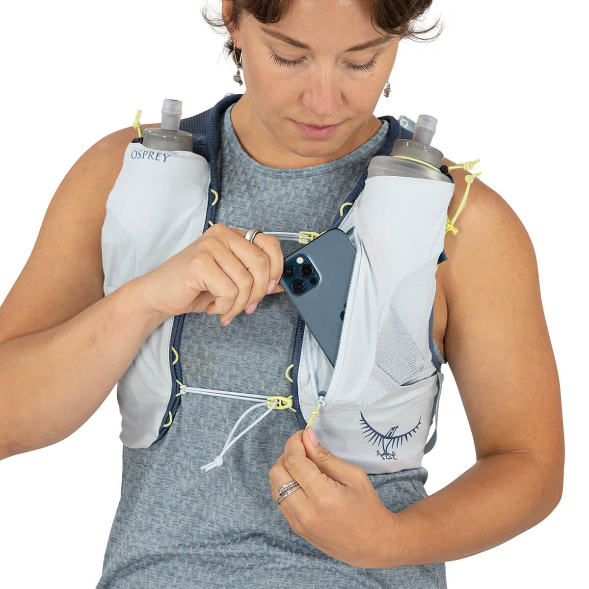 Dawn Blue zip harness pocket in use with phone