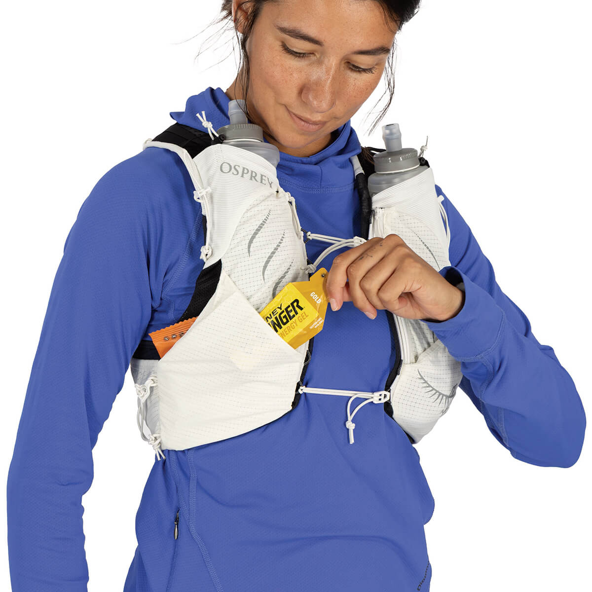 Mystery White right drop-in harness pockets in use