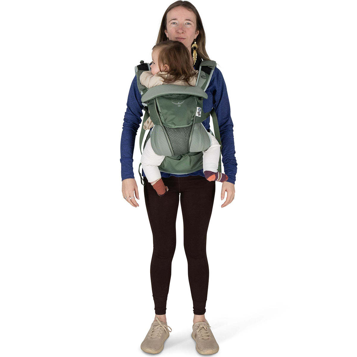 Koseret Green worn by female model with child rear facing, front view