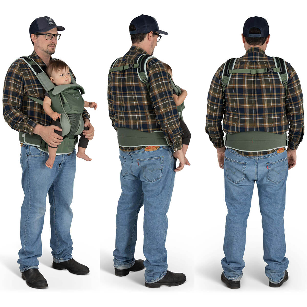 Koseret Green in use with forward-facing child on male model, various views