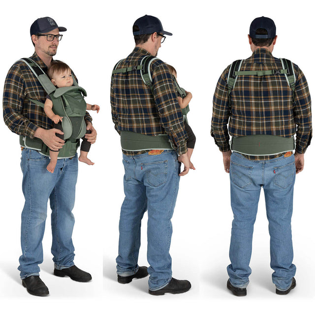 Koseret Green in use with forward-facing child on male model, various views