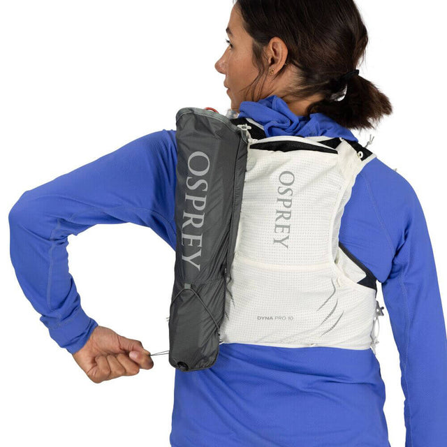 Mystery White adjusting quiver stowed vertically on back