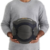 Packed in compression sack and held in hands as an idea of stowed size