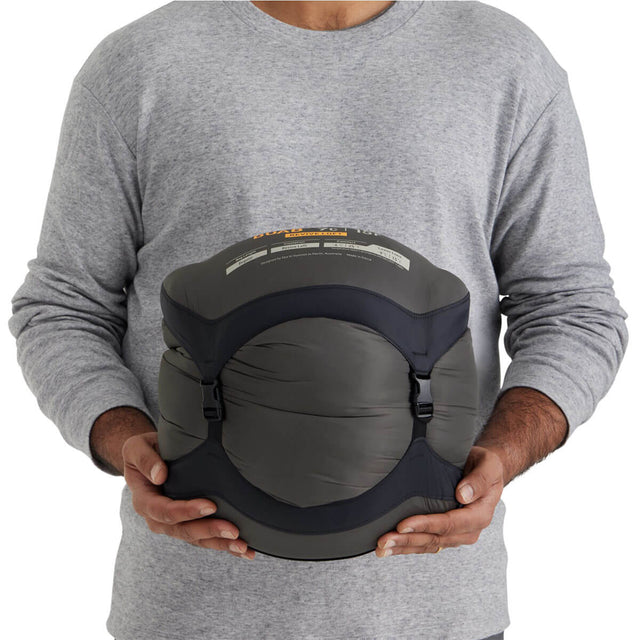 Packed in compression sack and held in hands as an idea of stowed size