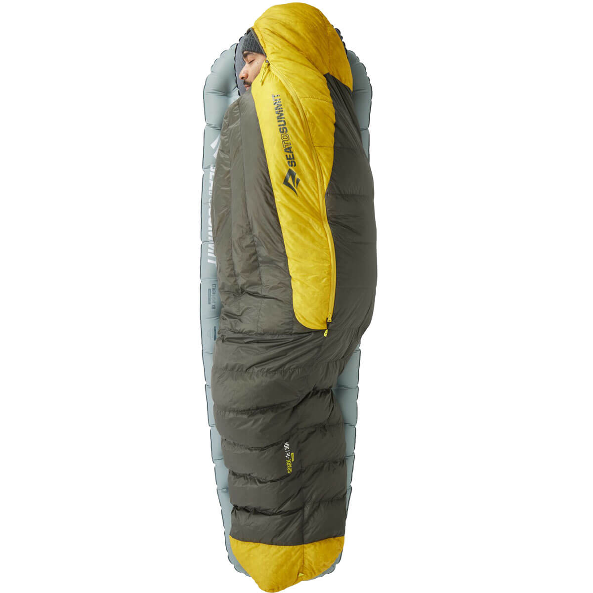 Top view of model in sleeping bag on mat