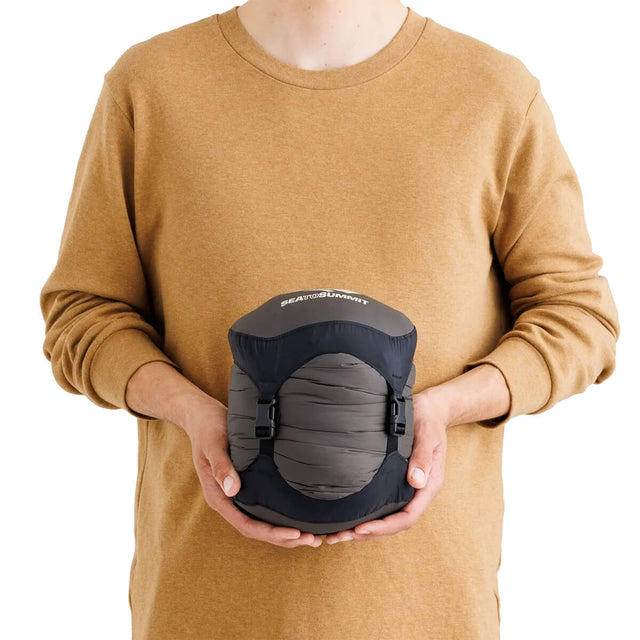 Packed in compression sack and held in hand as an idea of stowed size